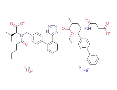 trisodium [3-((1S,3R)-1-biphenyl-4-yl-methyl-3-ethoxycarbonyl-1-butylcarbamoyl)propionate-(S)-3’-methyl-2’-(pentanoyl{2”-(tetrazol-5-ylate)biphenyl-4’-yl-methyl}amino)butyrate] hemipentahydrate